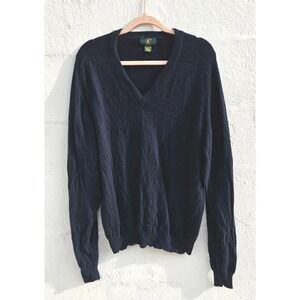 Mens 100% Cashmere Sweater Large Navy Blue V Neck Pullover Preppy Dark Academia